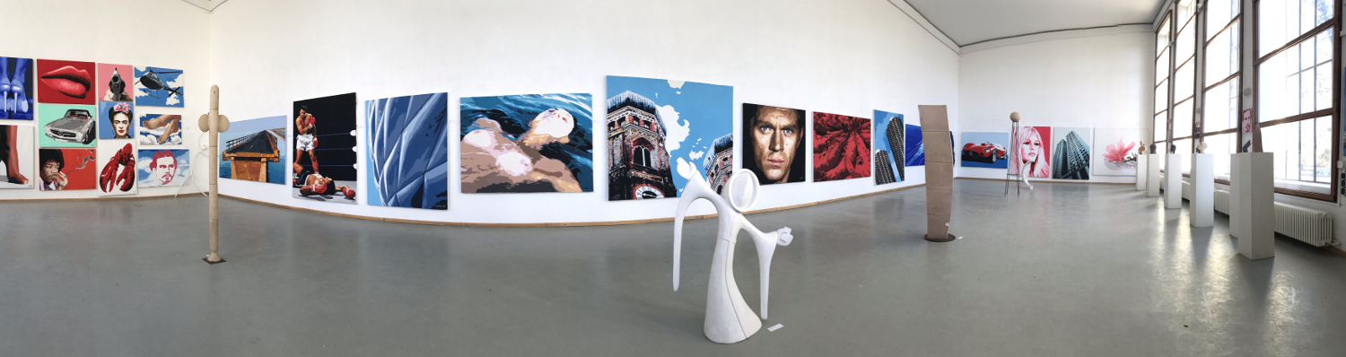 Kunst-Ausstellung HOSEUS , über 70 Leinwandbilder und Skulpturen Orangerie am chinesischen Turm im Englischen Garten München