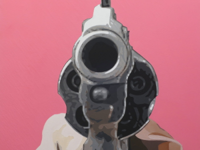 Leinwandbild Watch out!, 0,9 x 0,9 m, Acryl auf Leinwand von HOSEUS, Revolver vor rosacarbenem Hintergrund auf den Betrachter gerichtet