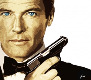 Kunst: Leinwandbild James Bond, Roger Moore, 120 x 140, HOSEUS, Acryl auf Leinwand HOSEUS (Künstlerpaar) , weisser Hintergrund, schwarzer smoking