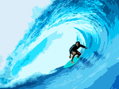 Leinwandbild Surfer, 1,5 x 1,8 m, Acryl auf Leinwand von HOSEUS, Blaue Wellen, Surfer in der Mitte