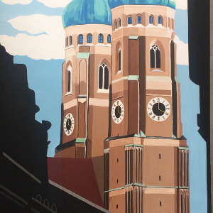 Leinwandbild Frauenkirche über Muenchen, 1,4 x 1 m, Acryl auf Leinwand von HOSEUS , blick vom Amiraplatz über der schattigen Strasse